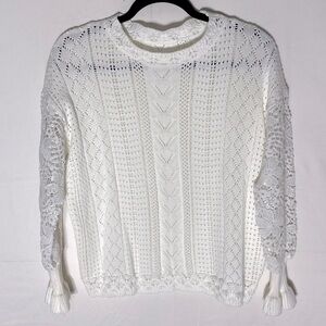 White Lace Knit Crew Neck Sweater W Semi Sheer Lace Sleeves S